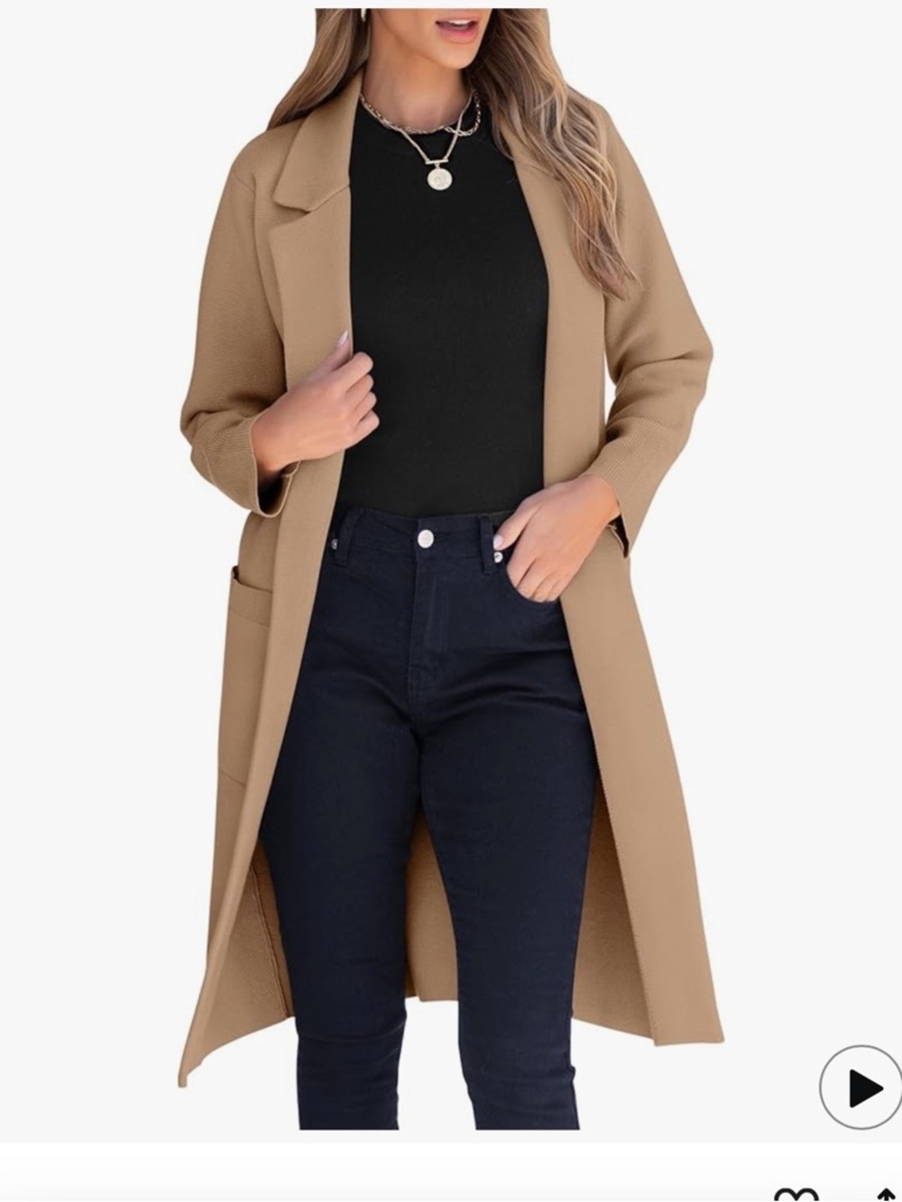 Womens Long Camel Open-Front Coat - Picture 2 of 4